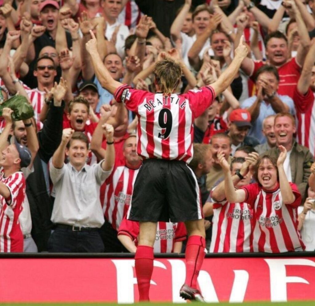 James Beattie celebrating a goal in front of the Southampton supporters